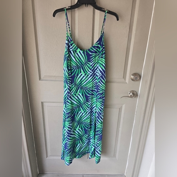 Old Navy Floral Slip Dress Midi Sz L Women Green Blue Palm Leaf Tropical Coastal - Picture 2 of 13